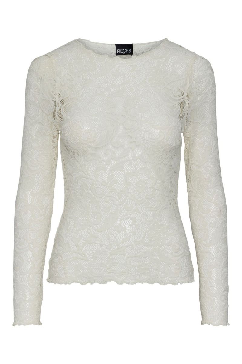 Pieces - Bluse - PC Nora LS O-Neck Lace Top - Cloud Dancer