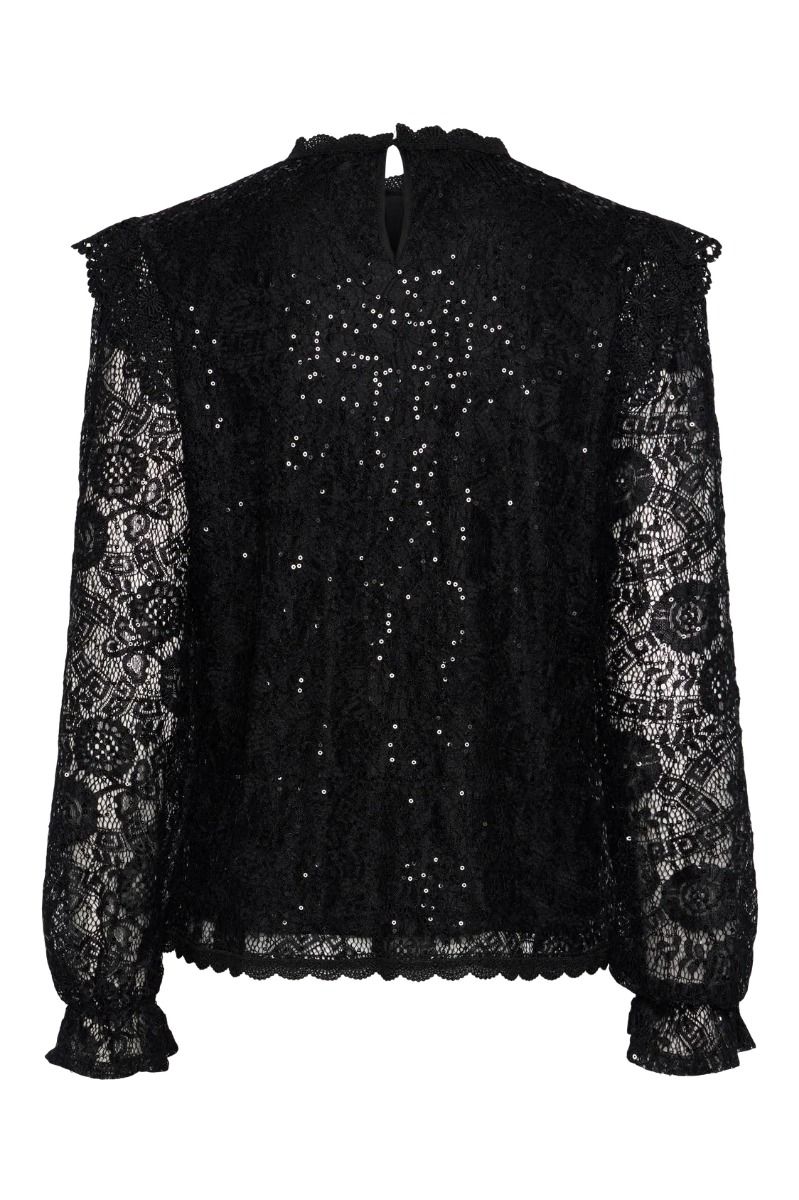Pieces - Bluse - PC Olline Ls Lace Sequins Top - Black