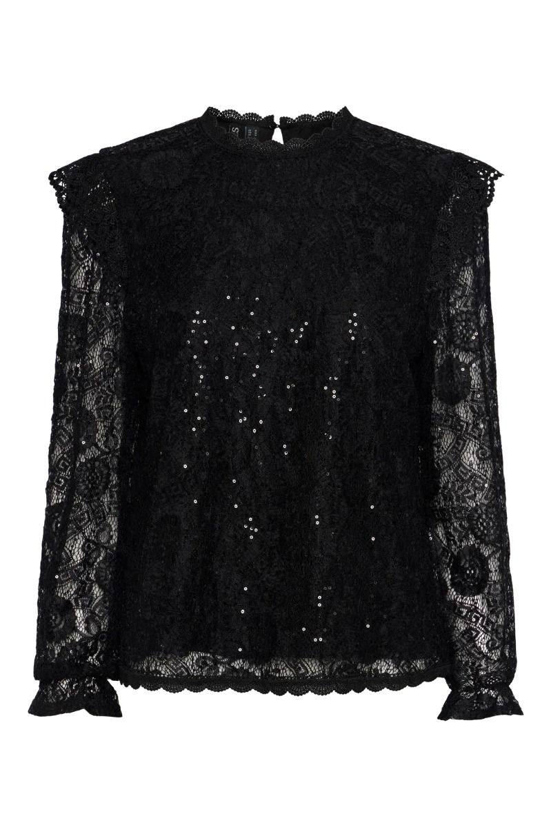 Pieces - Bluse - PC Olline Ls Lace Sequins Top - Black