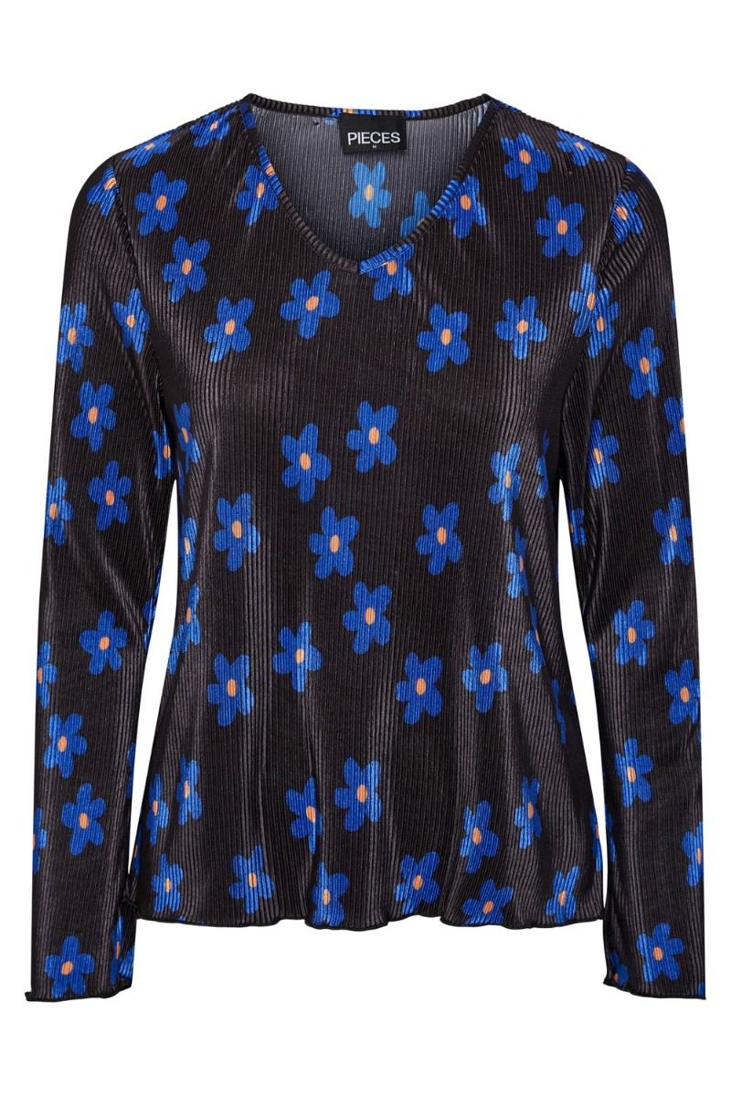 Pieces - Bluse - PC Orine LS Plissé Top - Black/Flowers