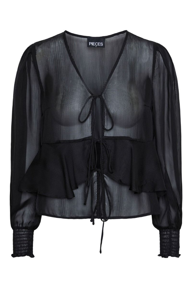 Pieces - Bluse - Pc Dubine Ls V-Neck Bow Top - Black