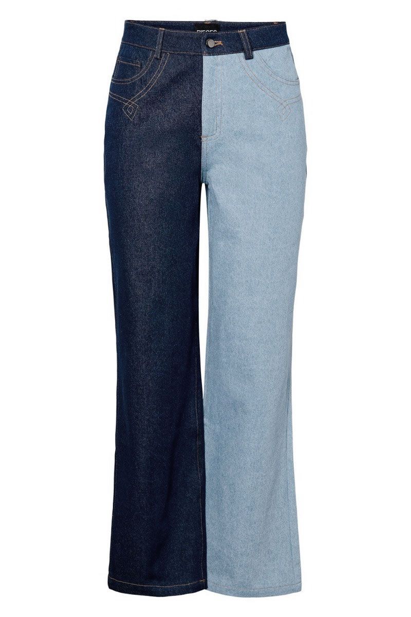 Pieces - Bukser - Lena HW Straight Denim Pants - Light Blue Denim Color Blocked