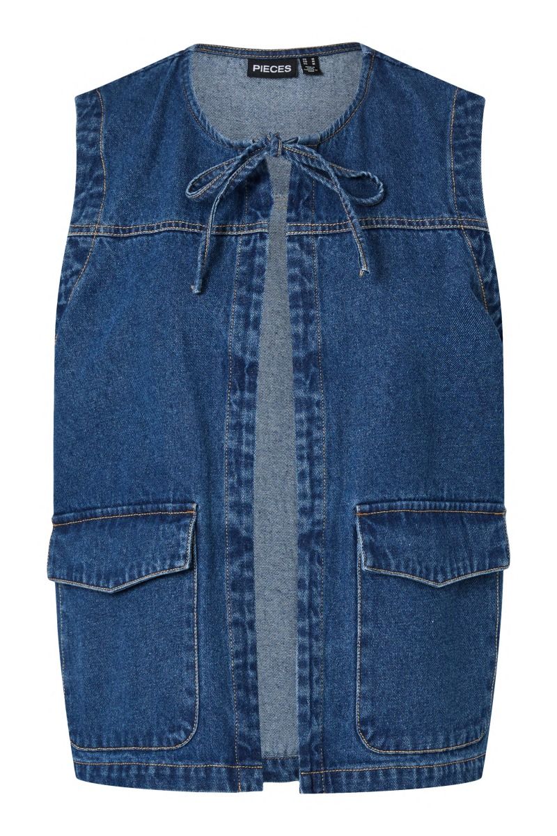 Pieces - Vest - Fenna O-Neck Tie Denim Vest - Dark Blue Denim