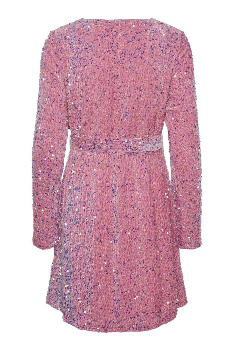 Pieces - Kjole - PC Ella LS Sequin Wrap Dress - Hot Pink