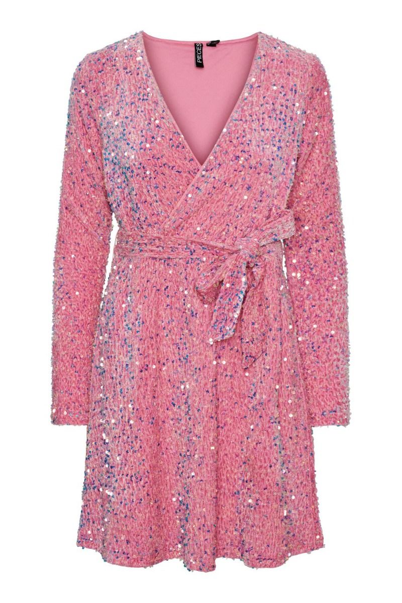 Pieces - Kjole - PC Ella LS Sequin Wrap Dress - Hot Pink