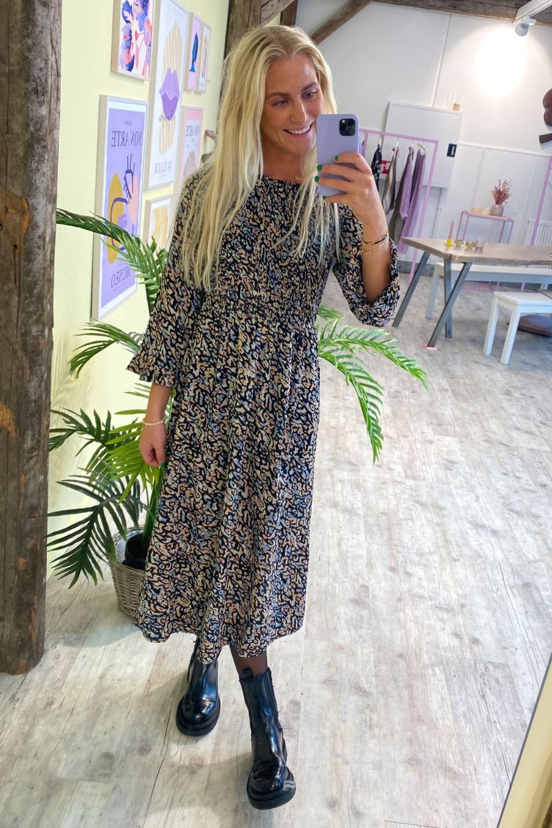 Pieces - Kjole - PC Faye 3/4 Smock Midi Dress - Black/Animal