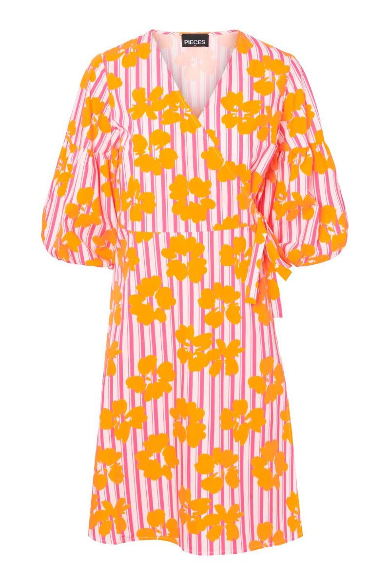 Pieces - Kjole - PC Jispa 3/4 Wrap Dress - Bright White Stripes Flowers 