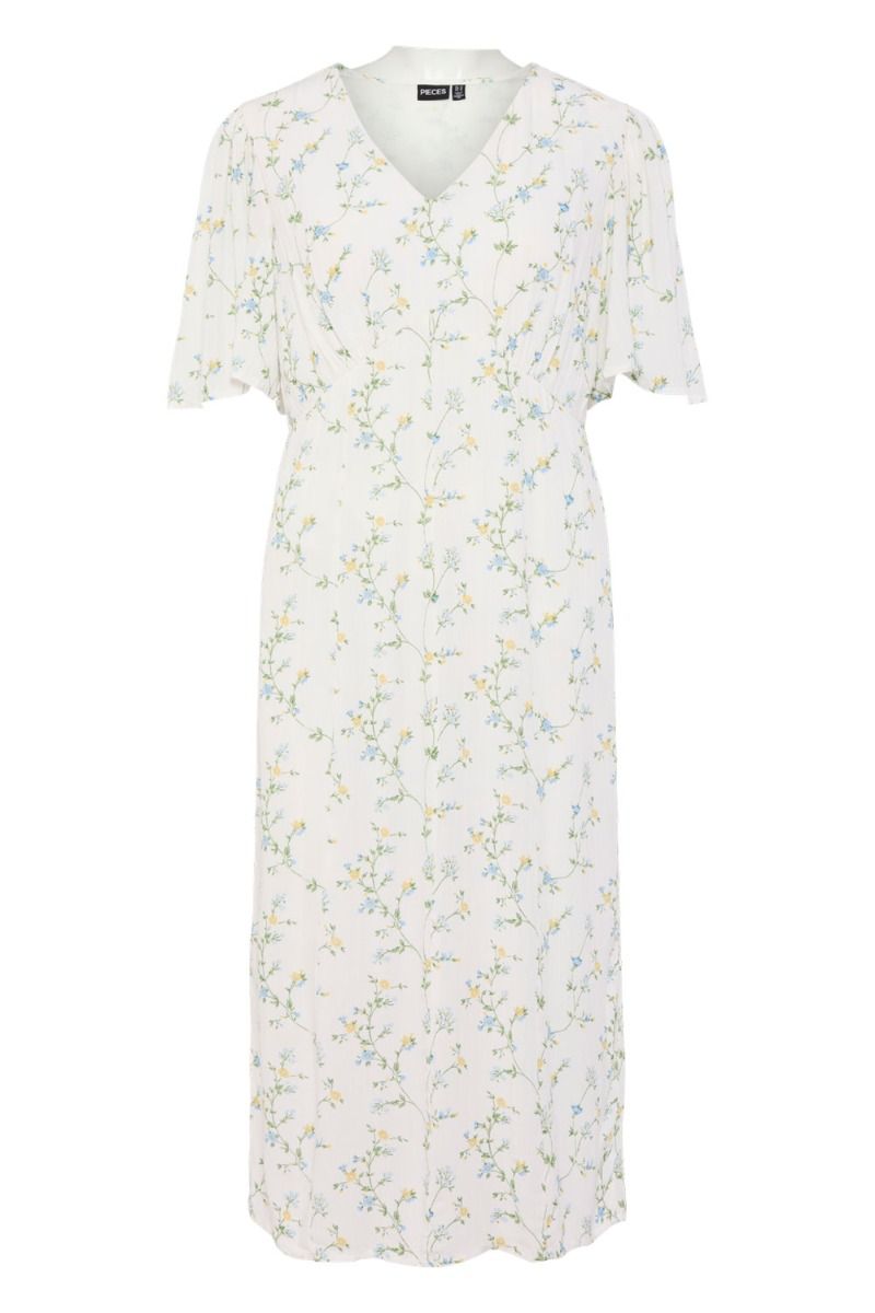Pieces - Kjole - PC Kary Ss V-Neck  Midi Dress - Cloud Dancer