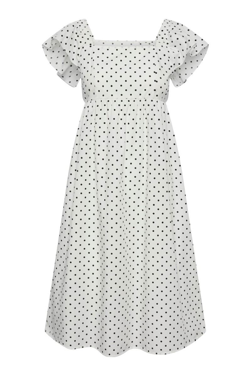 Pieces - Kjole - PC Malou SL Midi Frill Dress - Bright White/Black Dot
