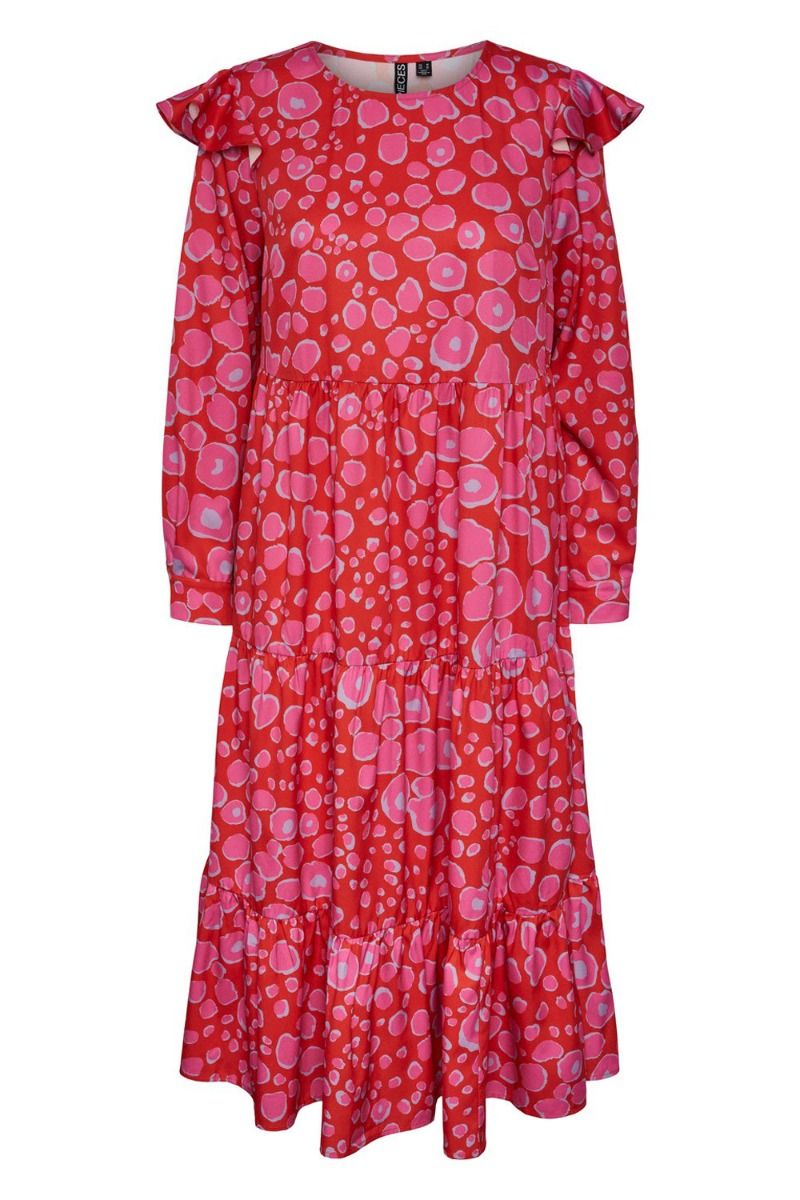 Pieces - Kjole - PC Nelly LS Midi Dress - Flame Scarlet/Graphic Circles
