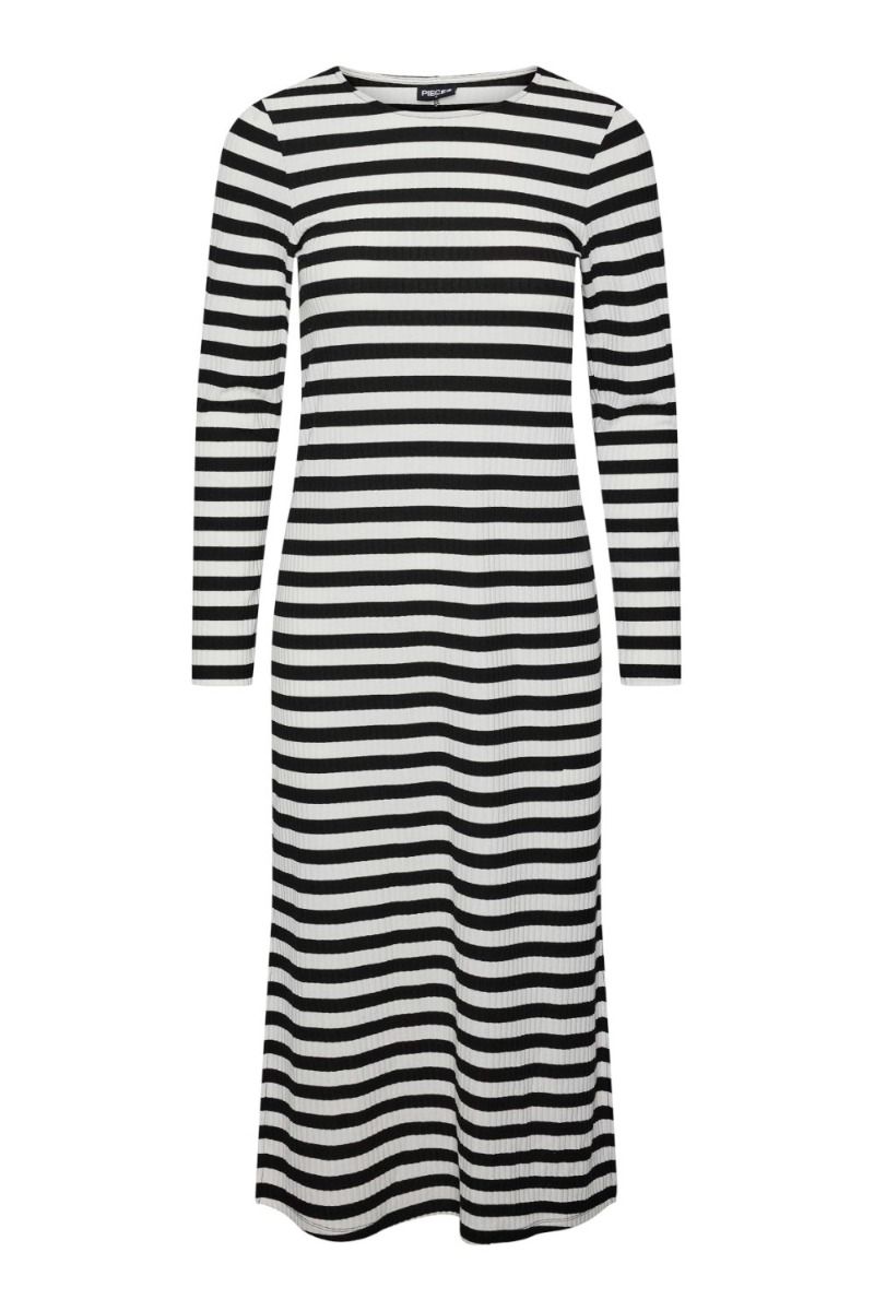 Pieces - Kjole - PC Filine LS O-neck Midi Dress Kac - Black Bright White