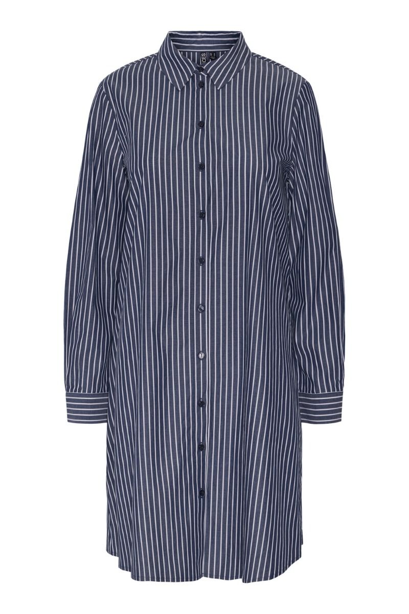 Pieces - Kjole - PC Penny Ls Short Shirt Dress - Moonlight Blue/Bright White