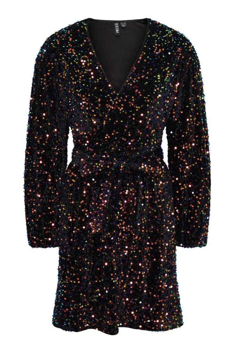 Pieces - Kjole - PC Stella LS Sequin Wrap Dress - Black