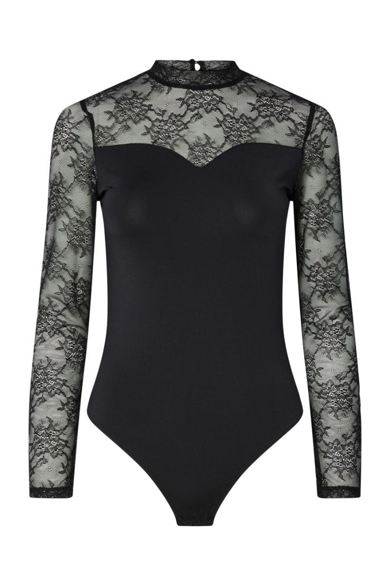Pieces - Bodystocking - Milly LS Lace Bodystocking - Black