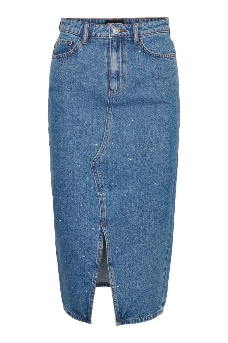Pieces - Nederdel - Pcsky Hw Rhinestone Midi Skirt - Medium Blue Denim