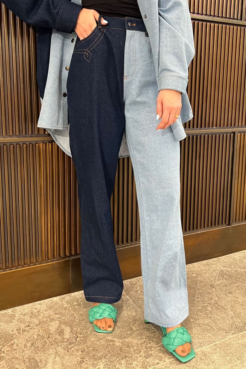 Pieces - Bukser - Lena HW Straight Denim Pants - Light Blue Denim Color Blocked