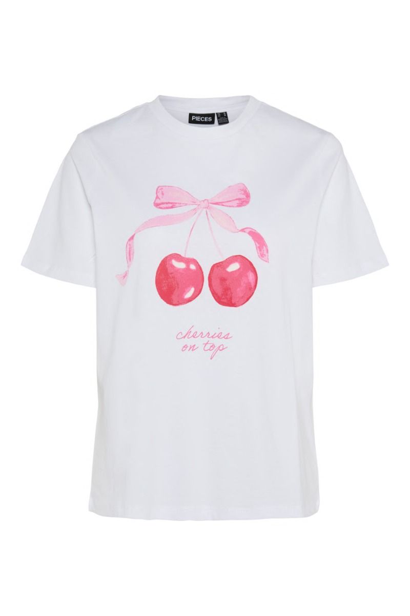 Pieces - T-shirt - Scarlett ss printed t-shirt - Bright White/cherry