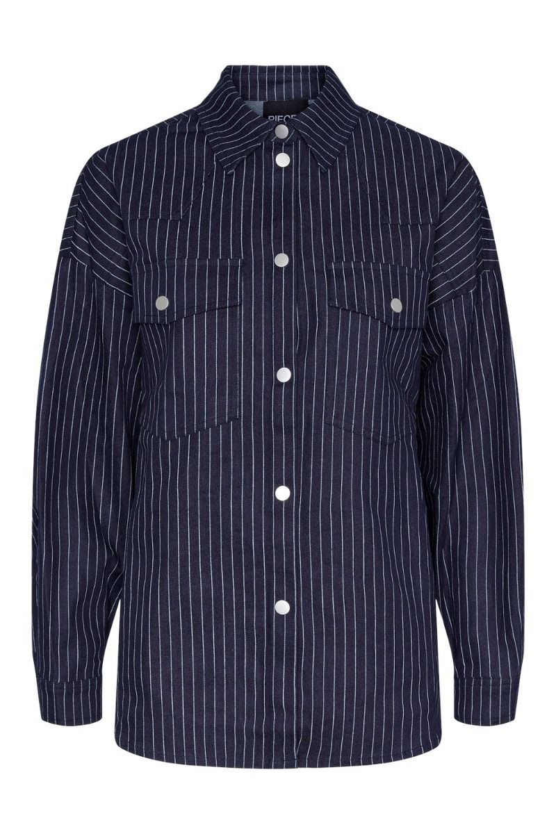 Pieces - Skjorte - PC Adella LS Loose Denim Shirt - Dark Blue Denim