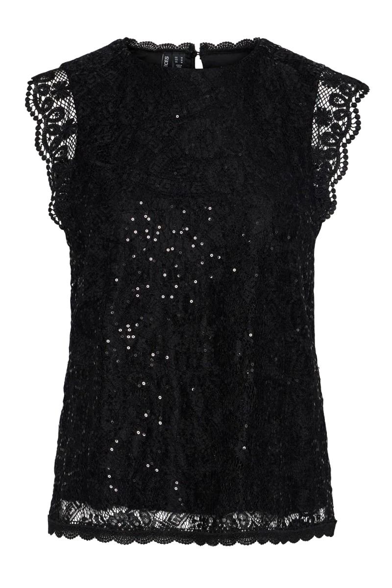Pieces - Top - Pc Olline Sl Lace Sequins Top Noos - Black