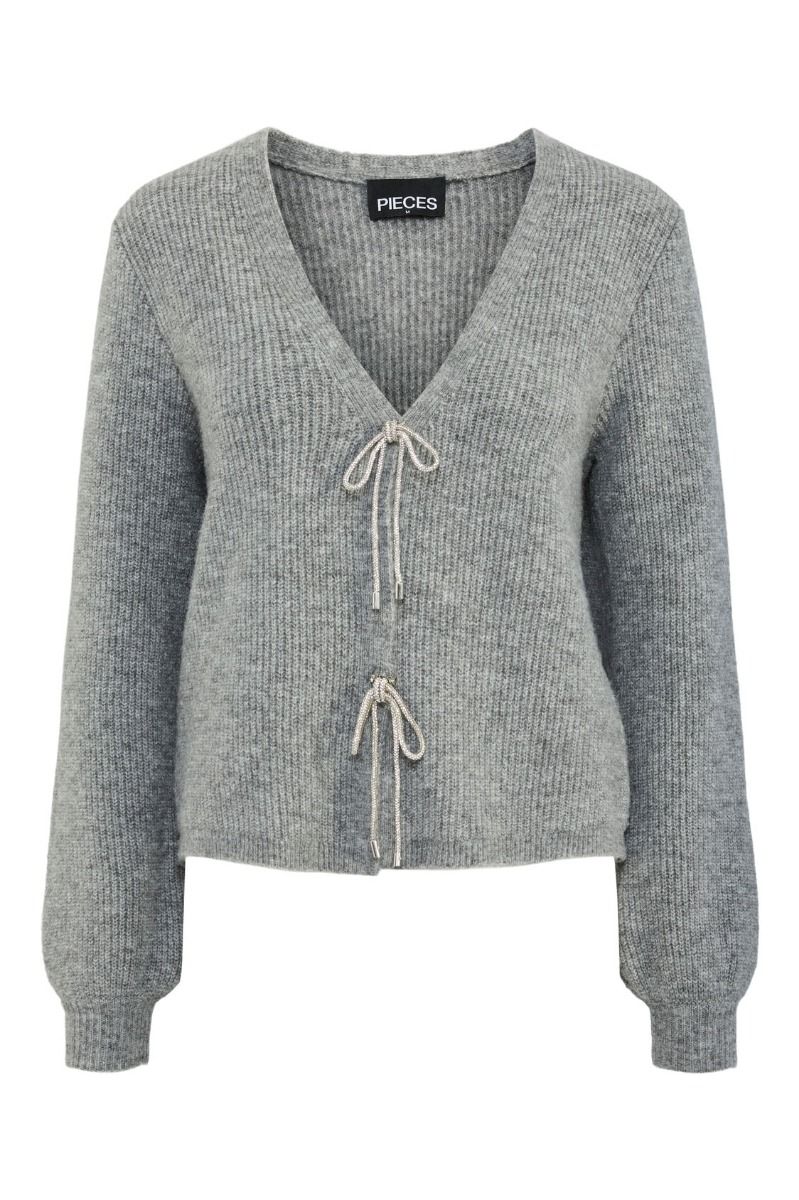 Pieces - Cardigan - PC Anna Glitter Bow V-Neck Cardigan D2D - Medium Grey Melange