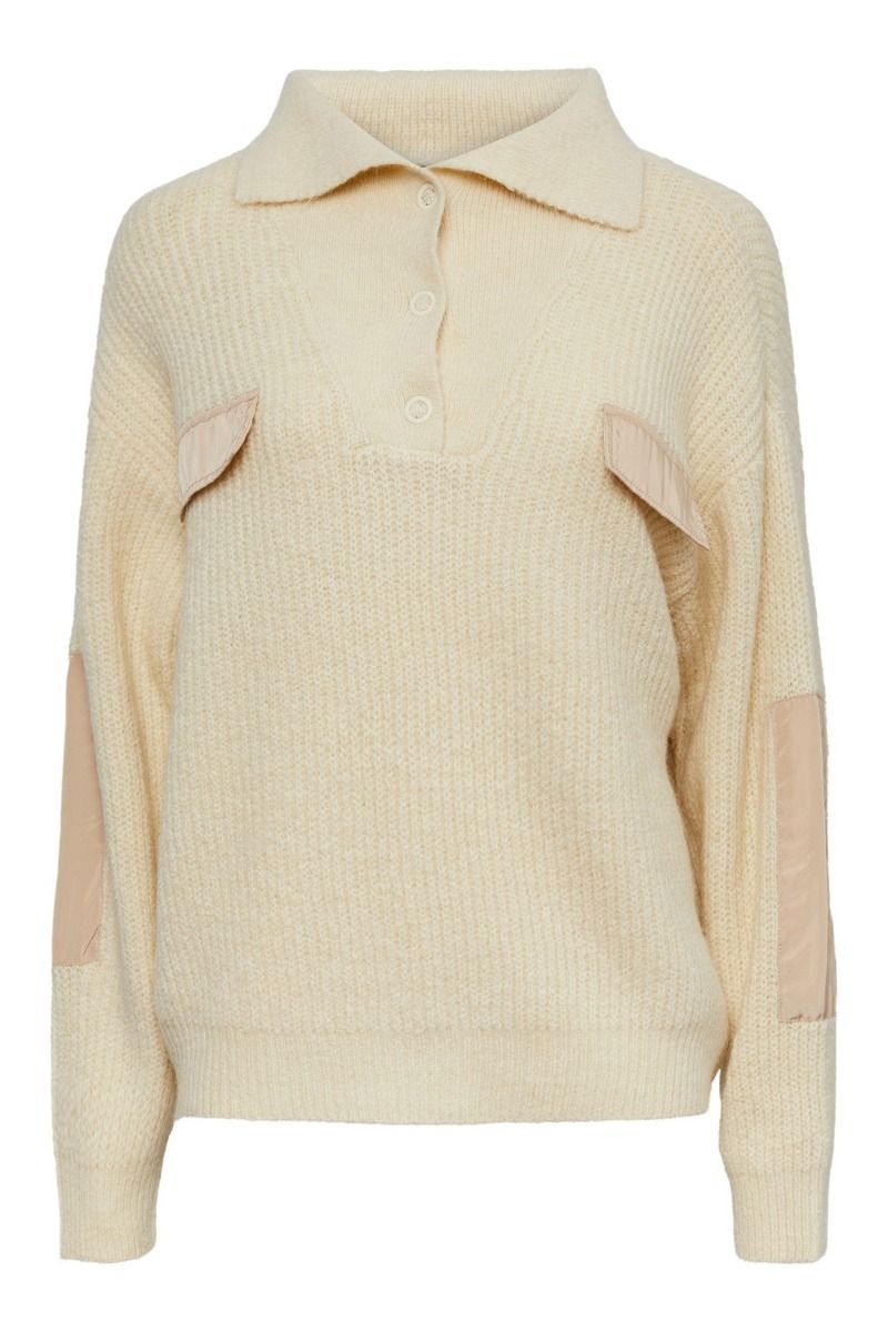 Pieces - Strik - PC Naura LS Half Placket Knit - Antique White