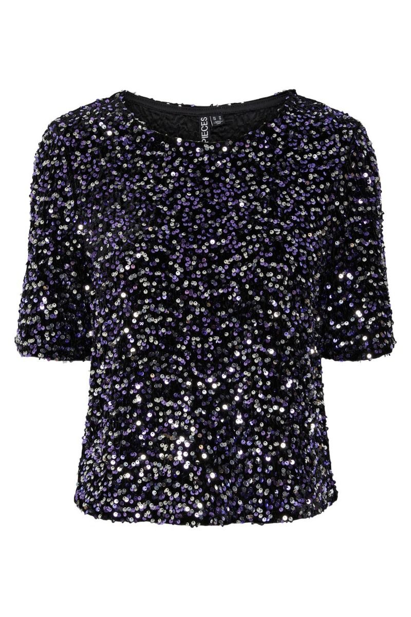 Pieces - Top - PC Kam SS Top - Black/Purple Silver 