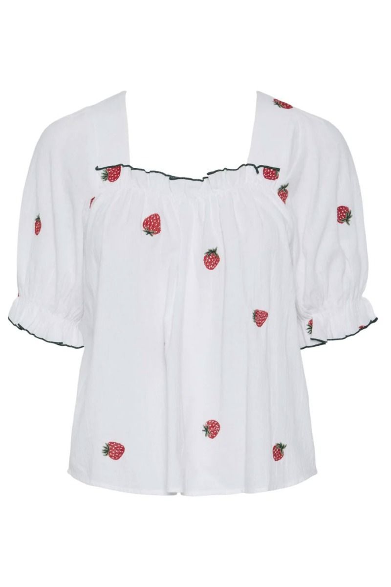 Pieces - Top - PC Selena SS Square Neck Top - Bright White Strawberries