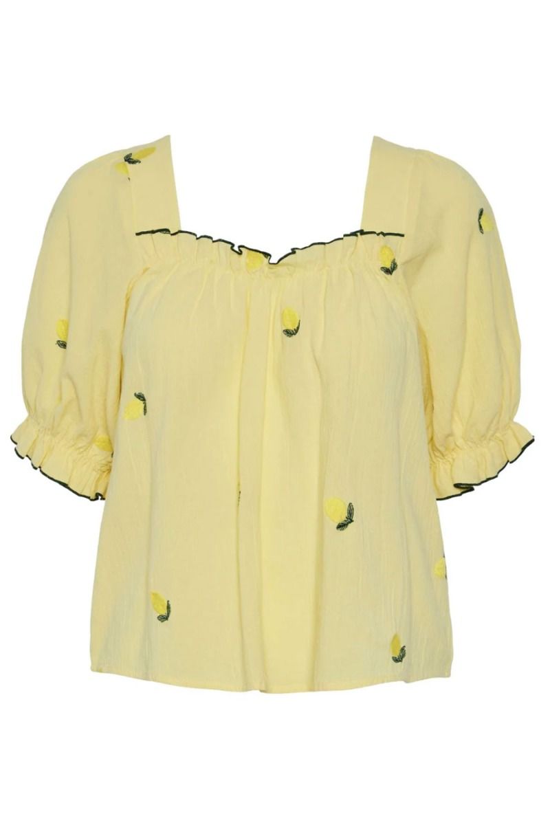 Pieces - Top - PC Selena SS Square Neck Top - Pale Banana Lemons