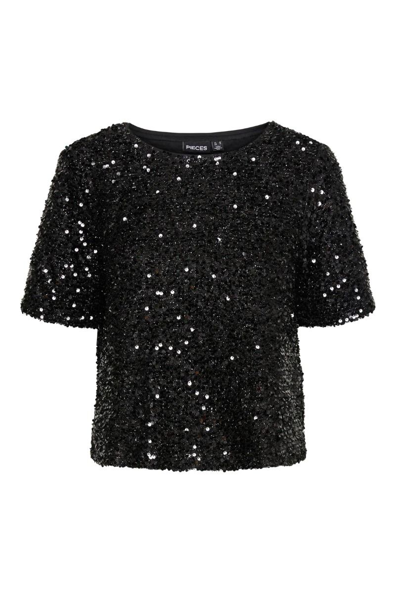 Pieces - Top - Pc Serena Sequin Ss O-Neck Top - Black