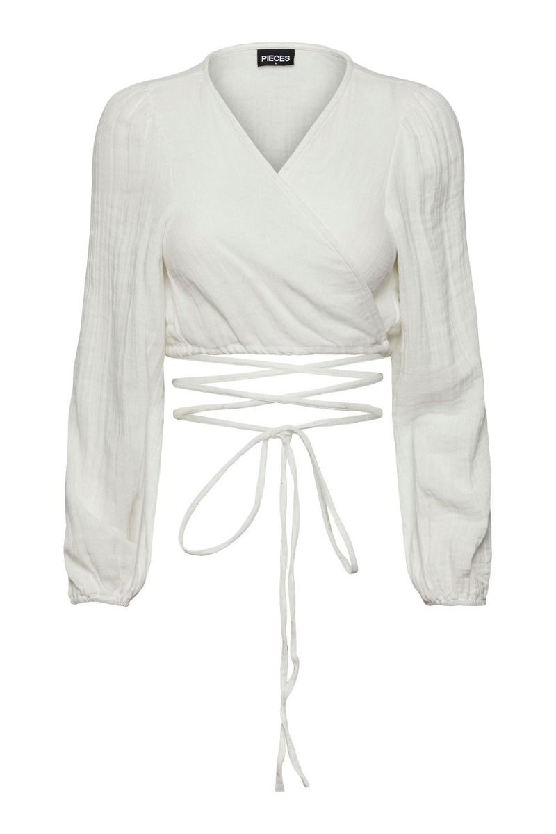 Pieces - Top - PC Stina LS Wrap Crop Top - Cloud Dancer