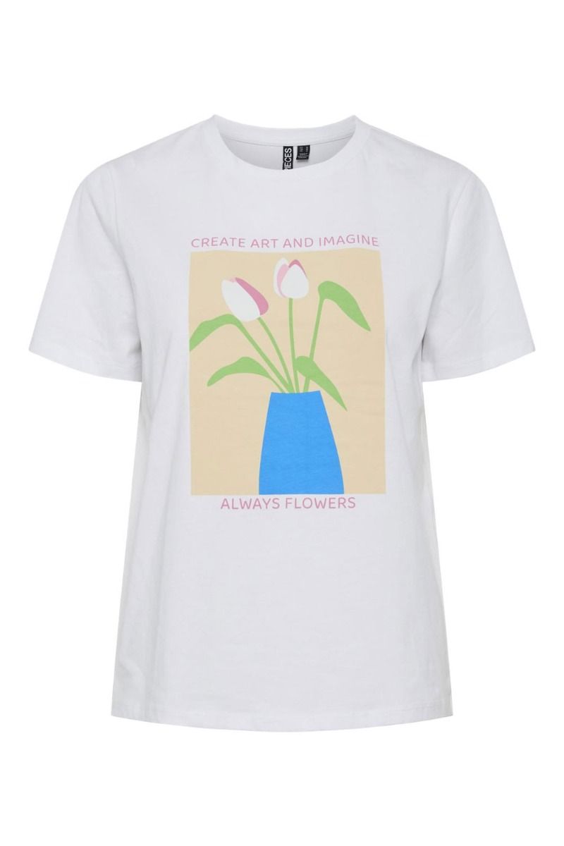 Pieces - T-shirt - PC Tess Ss O-Neck Loose Tee Box - Bright White/Flower