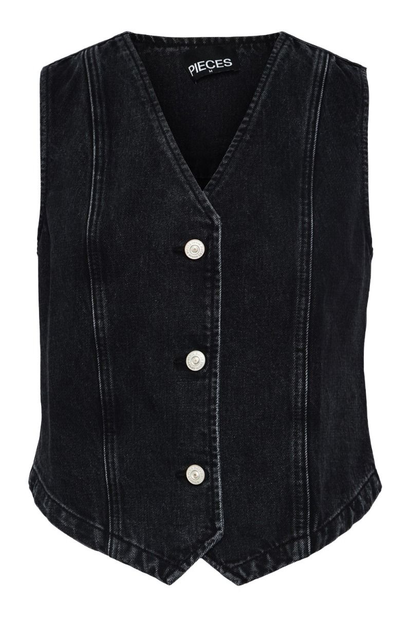 Pieces - Vest - PC Alma Denim Vest - Dark Grey Denim