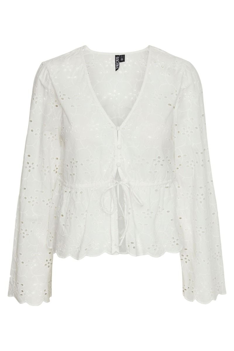 Pieces - Bluse - PC Armorine Ls Embroderi Tie Top - Cloud Dancer