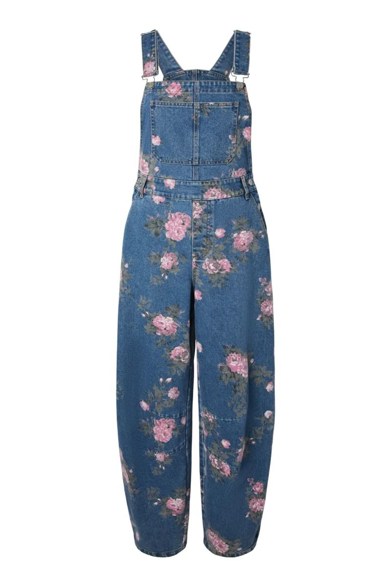 Pieces - Jumpsuit - Alice Oversize Dungaree - Medium Blue Denim/Floral Print (Levering i august)