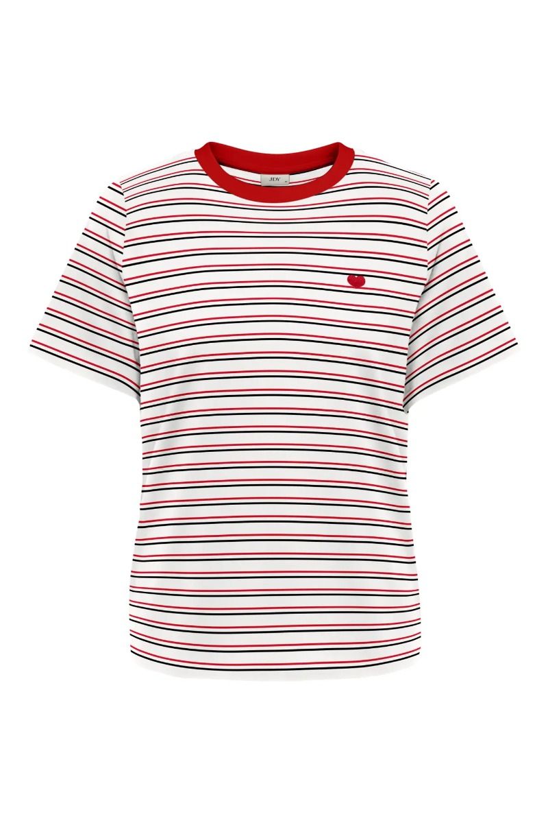 JDY - T-shirt - Pisa Life S/S Print Top - Cloud Dancer Thin Racing Red/Black Stripes + Racing Red Heart