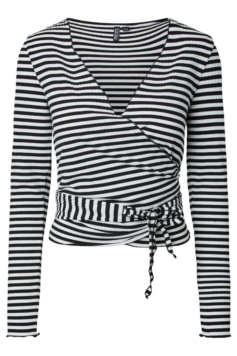 Pieces - Bluse - Laya LS Wrap Top - Black White Stripes