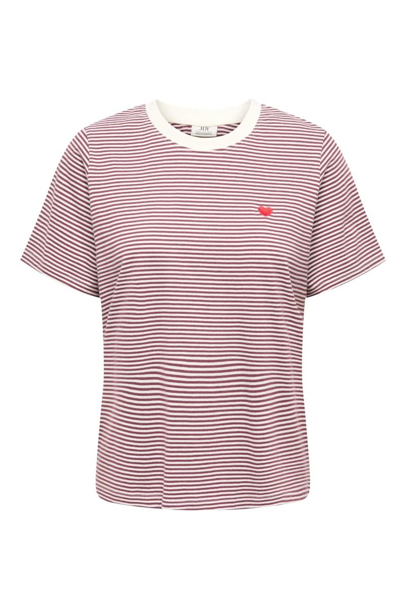 JDY - T-shirt - Pisa S/S Print Top - Cloud Dancer/Windsor Wine Stripes/BS Heart