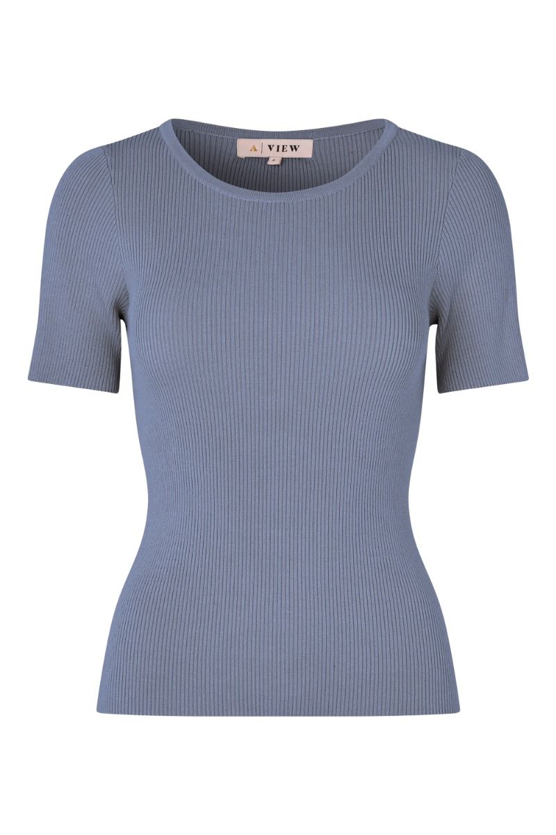 A-View -  T-shirt - Rib Knit Short Sleeve Top - Dusty blue