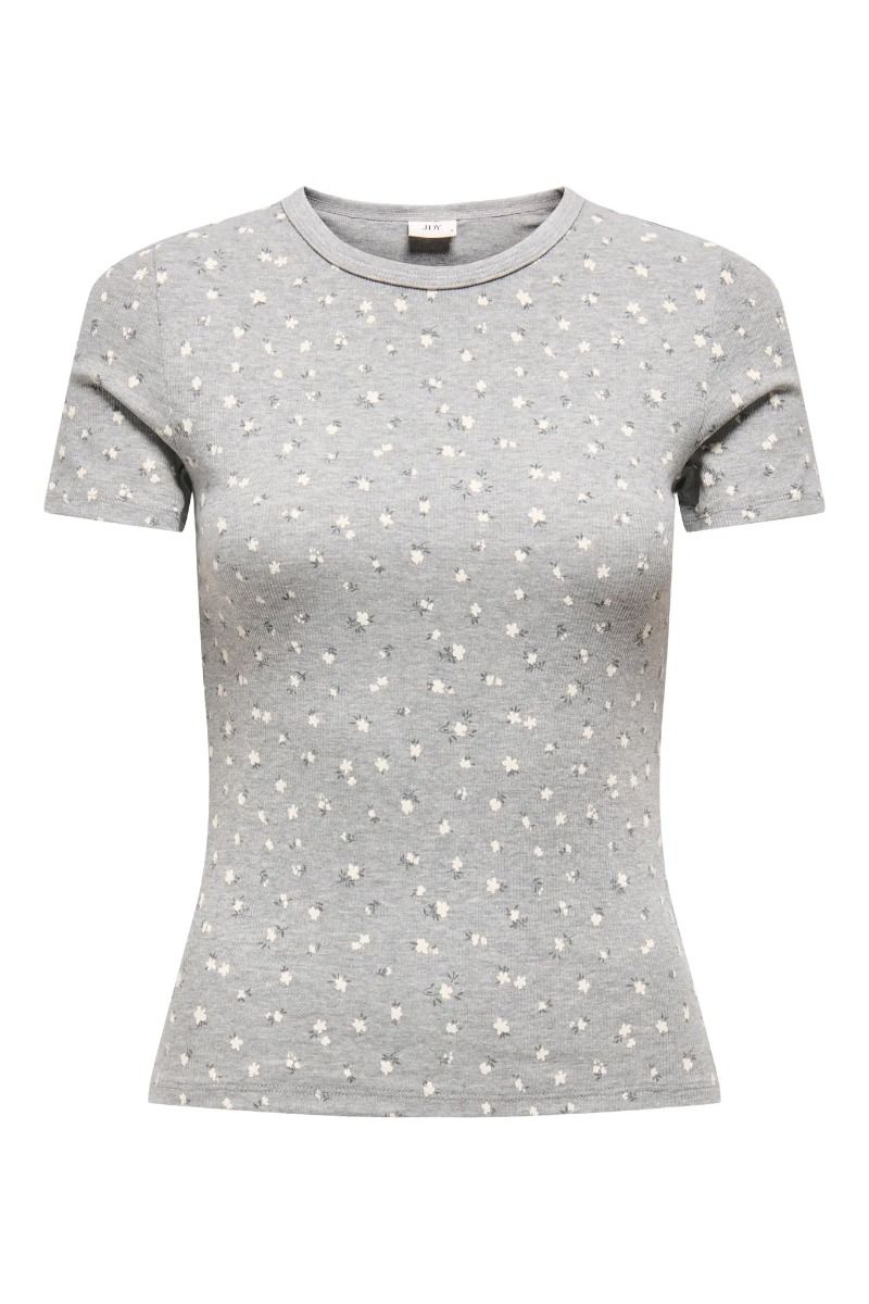 JDY - T-shirt - Lucky S/S O-Neck Top - Light Grey Melange/Soft Flower