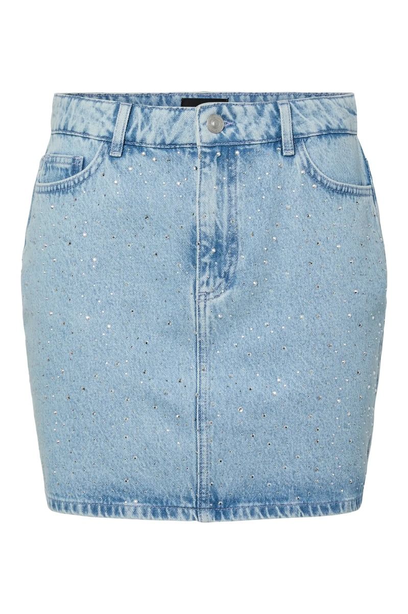 Pieces - Nederdel - Noel Denim Short Skirt - Light Blue Denim / Rhine Stones