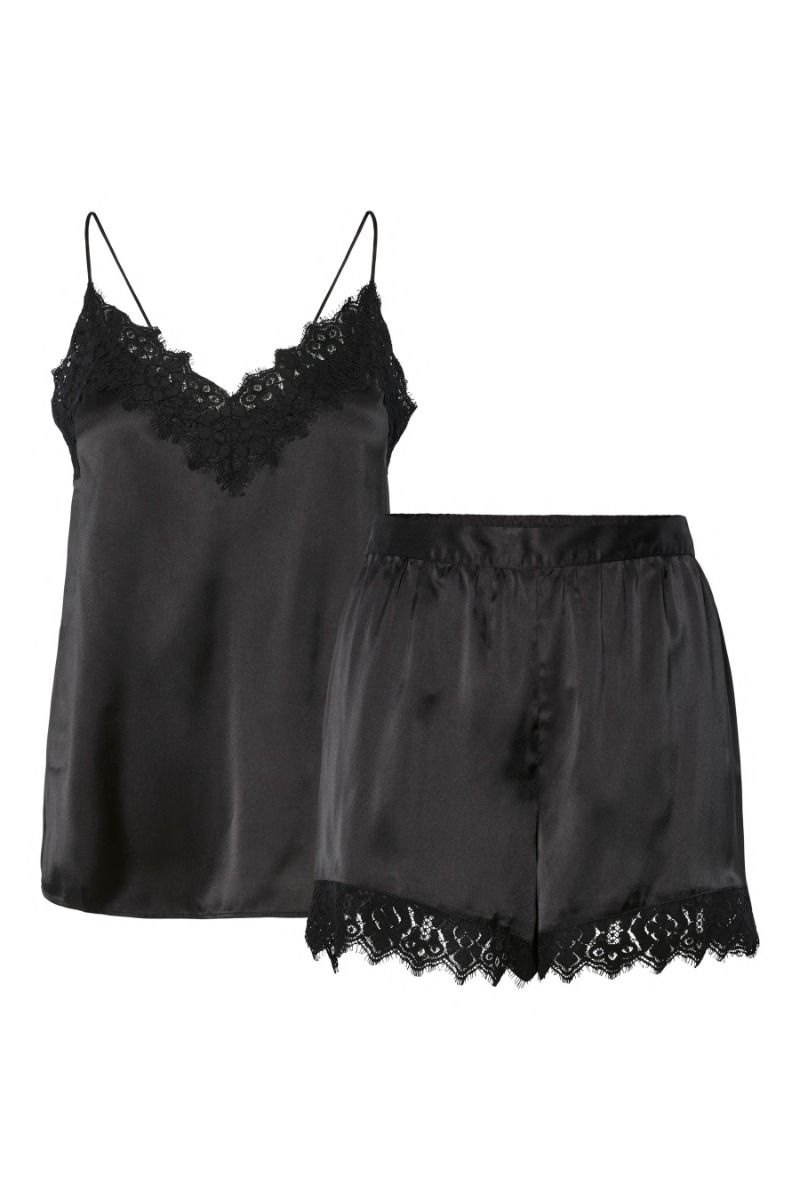 Pieces - Nattøj - Jenna Satin Nightwear Set - Black