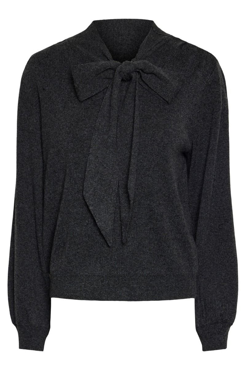 Y.A.S - Strik - YAS Assi Ls Bow Knit Pullover S. Noos - Dark Grey Melange