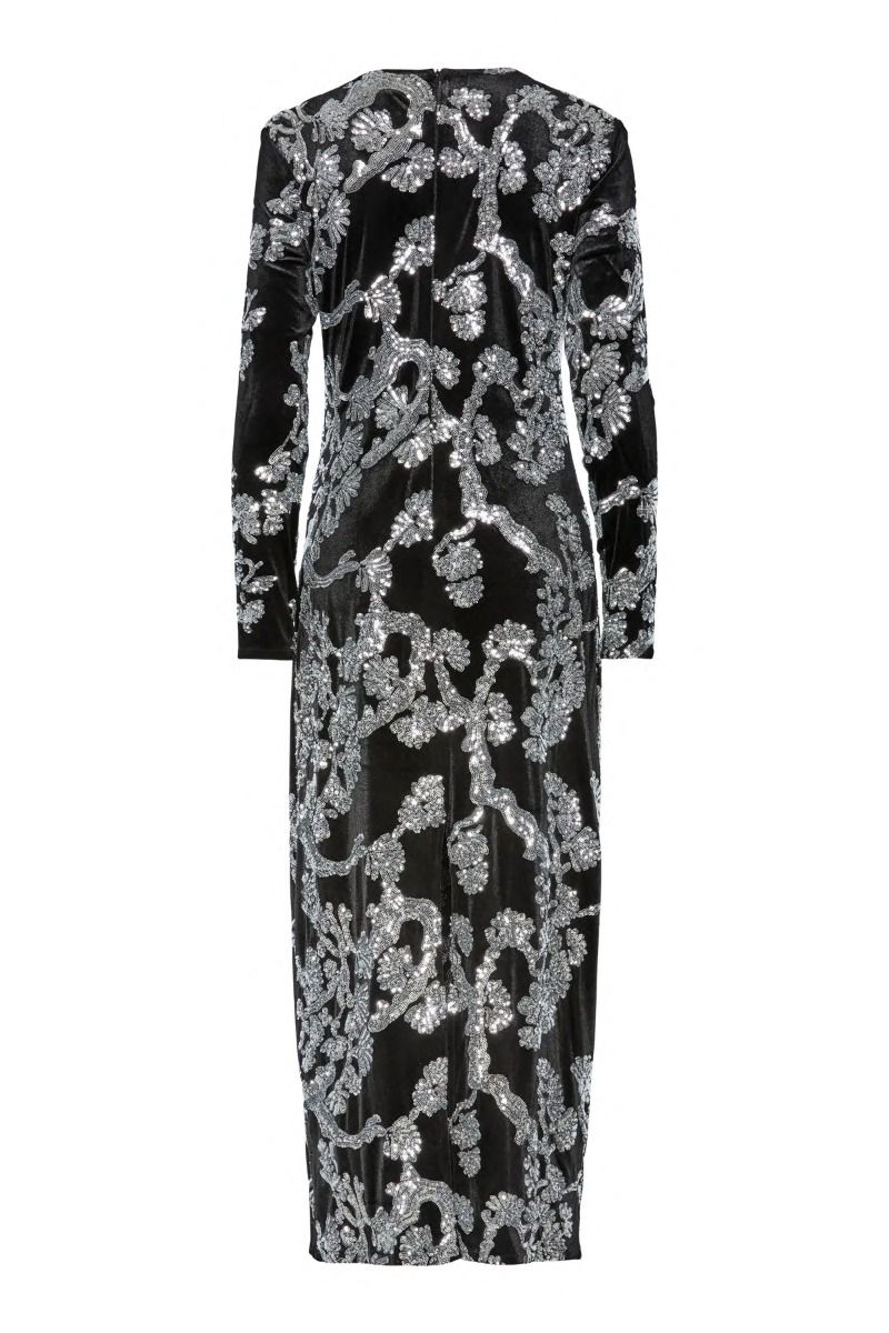 Y.A.S - Kjole - Florana Ls Long Dress - Black Silver sequins