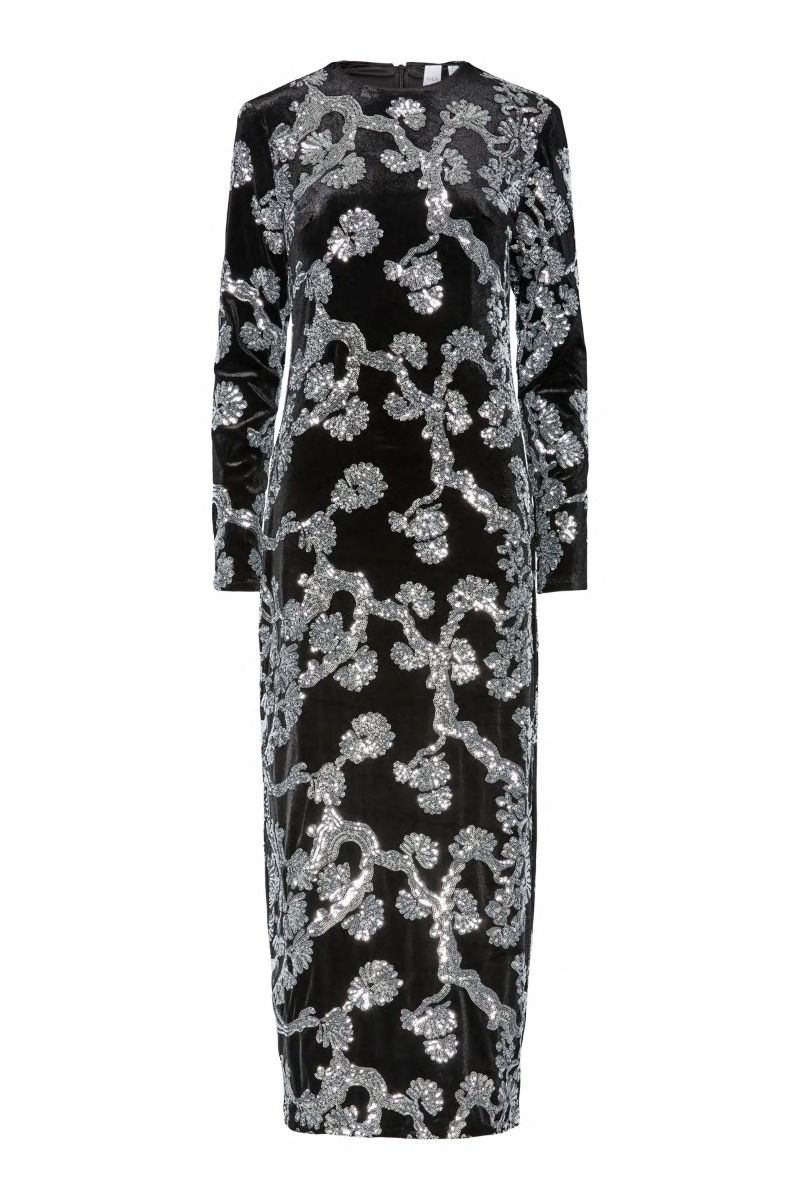 Y.A.S - Kjole - Florana Ls Long Dress - Black Silver sequins