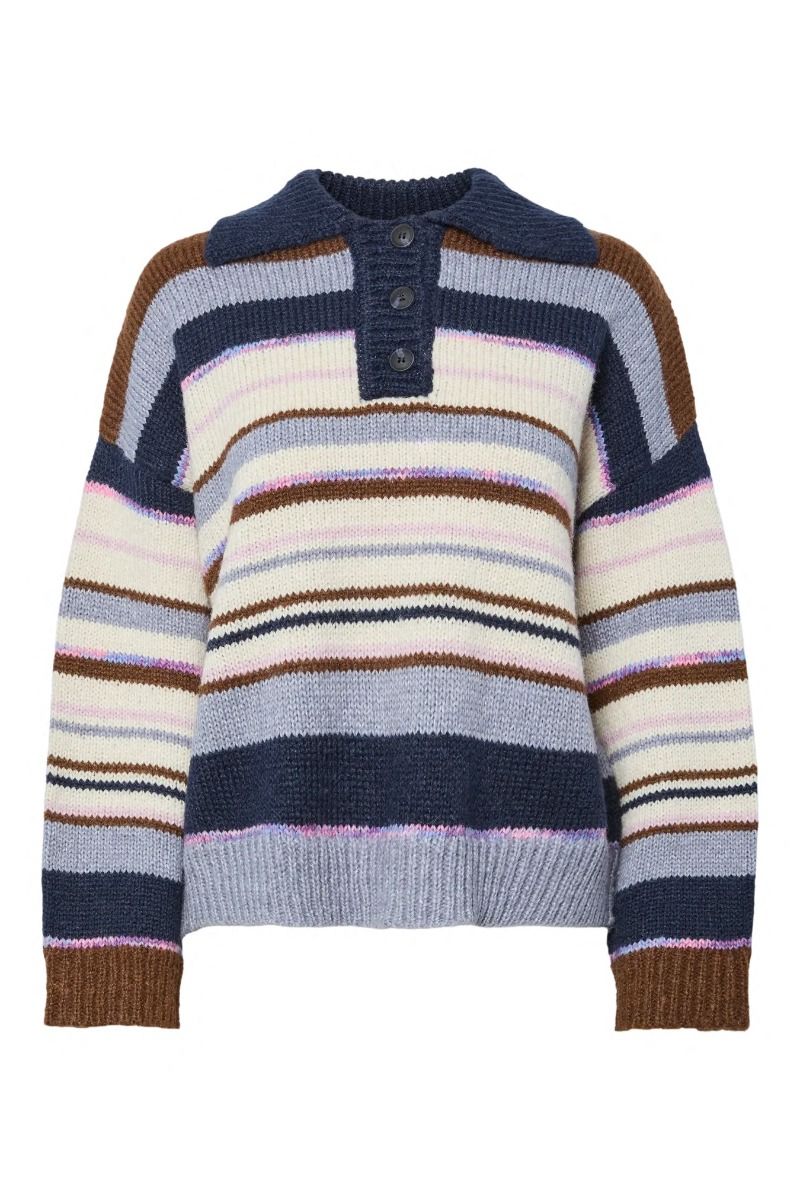 Pieces - Strik - Rye LS Polo Knit - Downtown Brown Multi color