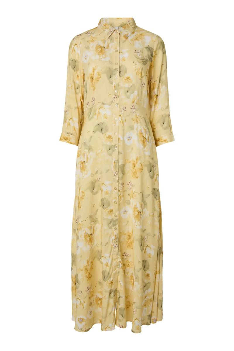 Y.A.S - Savanna Long Shirt Dress - Pale Banana Lemon print (Levering midt maj)