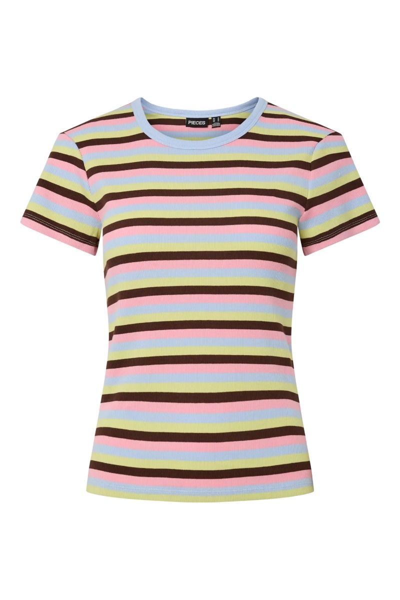 Pieces - T-shirt - May SS Striped Tee - Cashmere Blue Sea Pink/Chicory coffee/celery gree