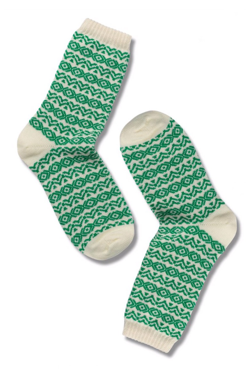 #3 - â¤ï¸ Oroblu - Strømper - Note Woman Wool Pattern - Off White/Bright Green