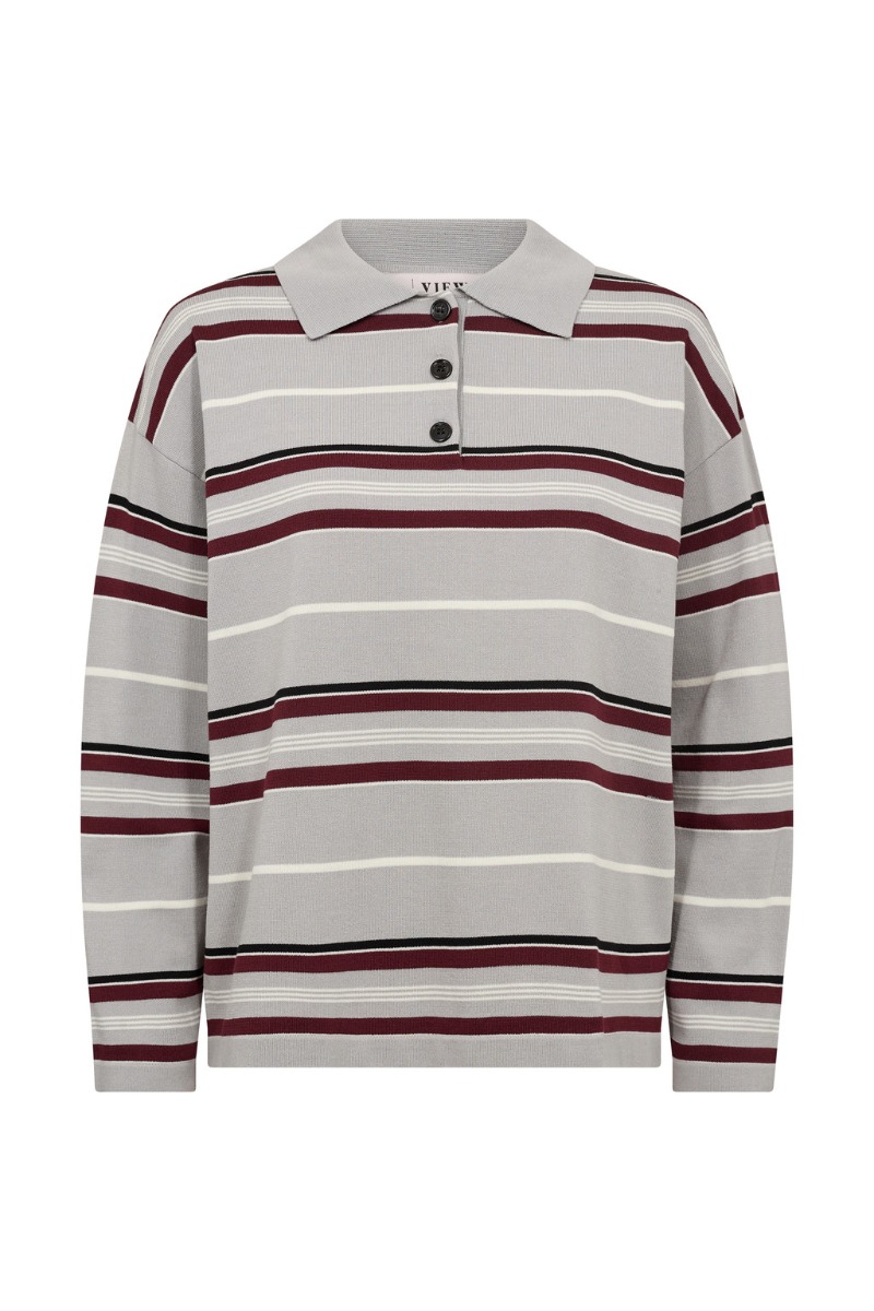 A-view Bluse Polo Long Sleeve Stripe Knit Blouse Grey/off White Levering Slut Juli